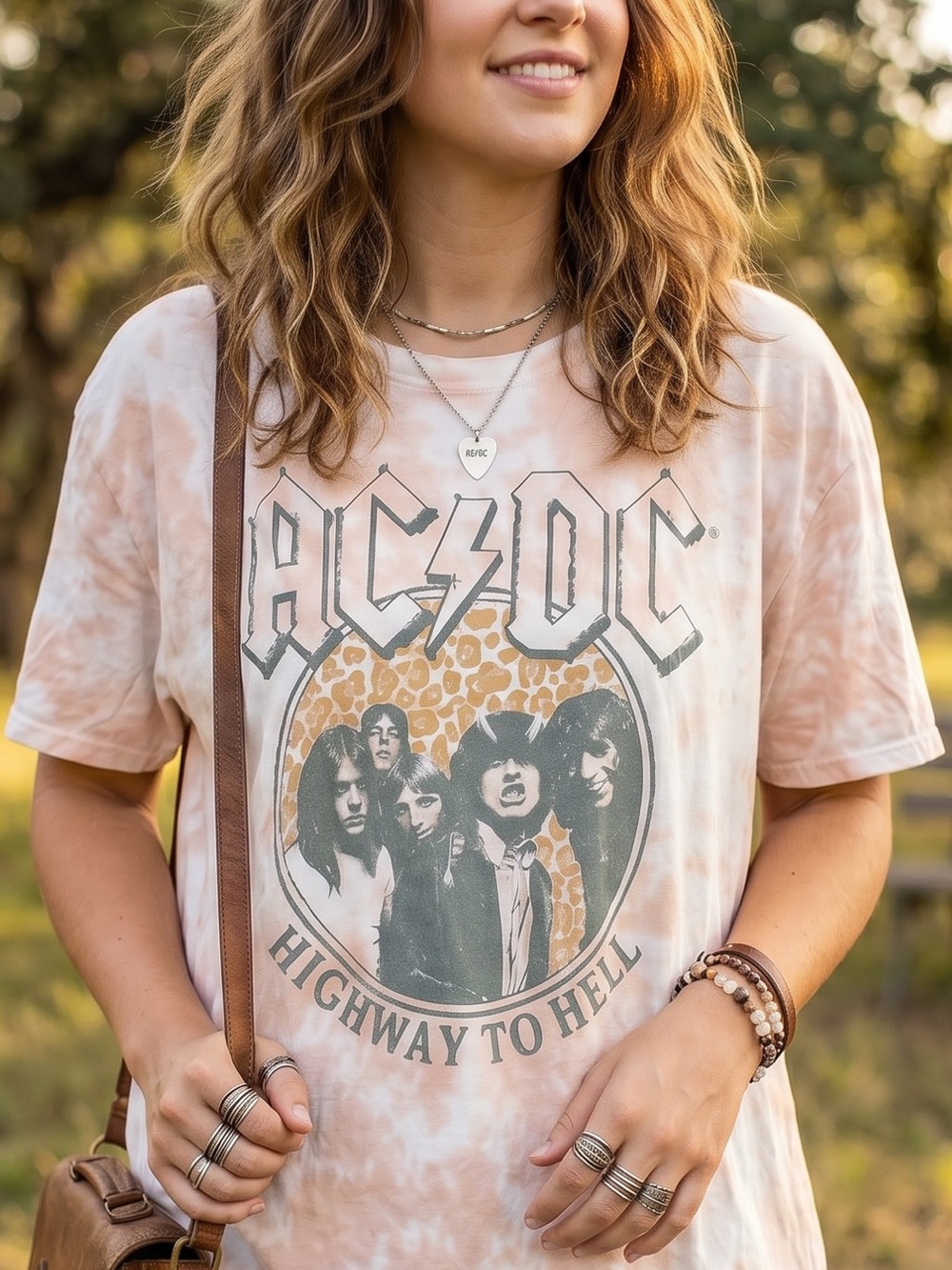 AC/DC Highway To Hell Tie-Dye Band Tee T Shirt  Leopard Print Rock N Roll